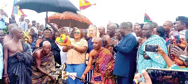 Mavis Hawa Koomson symbolically unlocking the sea to mark the lifting of the ban on fishing